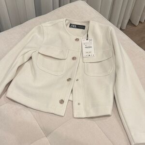 Zara Cream Cropped Collarless Jacket with Gold Buttons